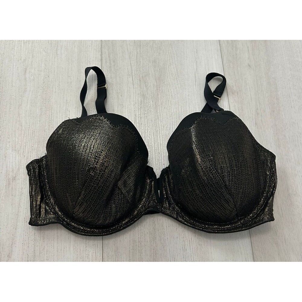 Cacique Lightly Lined‎ Balconette Bra Sz 40DD Black / Gold Metallic Lace